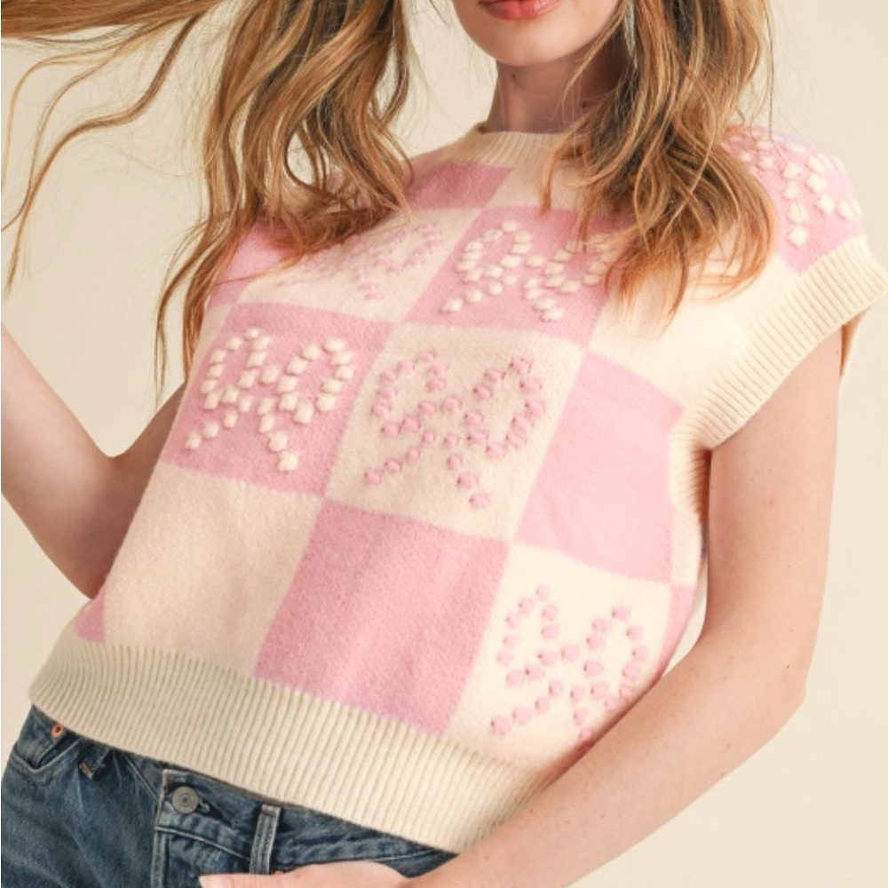Bow Checkered Round Neck Sweater Vest